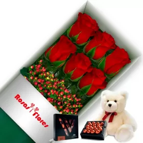 Caja de Rosas Rojas 6 Rosas + Peluche y Chocolate Varsovienne