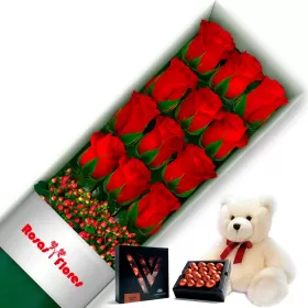 Caja de Rosas Rojas 12 Rosas + Peluche y Chocolate Varsovienne