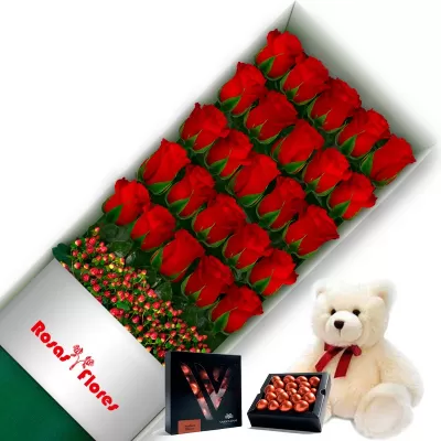 Caja de Rosas Rojas 24 Rosas + Peluche y Chocolate Varsovienne