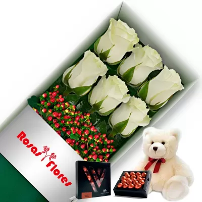 Caja de Rosas Blancas 6 Rosas + Peluche y Chocolate Varsovienne