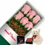 Caja de Rosas Rosadas 6 Rosas mas Peluche y Chocolate Varsovienne