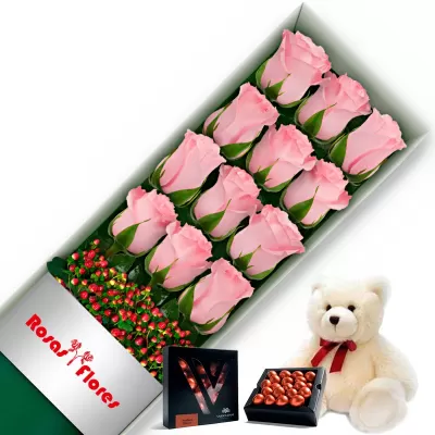 Caja de Rosas Rosadas 12 Rosas mas Peluche y Chocolate Varsovienne