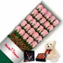 Caja de Rosas Rosadas 24 Rosas mas Peluche y Chocolate Varsovienne