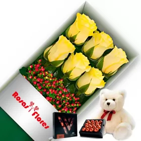 Caja de Rosas Amarillas 6 Rosas mas Peluche y Chocolate Varsovienne