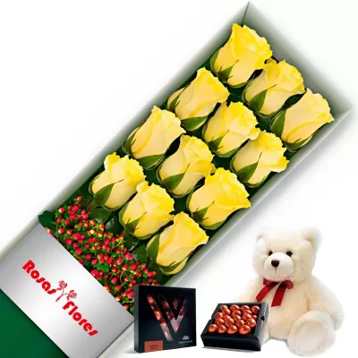 Caja de Rosas Amarillas 12 Rosas mas Peluche y Chocolate Varsovienne