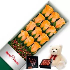 Caja de Rosas Damasco 12 Rosas mas Peluche y Chocolate Varsovienne