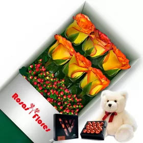 Caja de Rosas Circus 6 Rosas mas Peluche y Chocolate Varsovienne