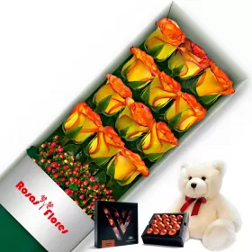 Caja de Rosas Circus 12 Rosas mas Peluche y Chocolate Varsovienne