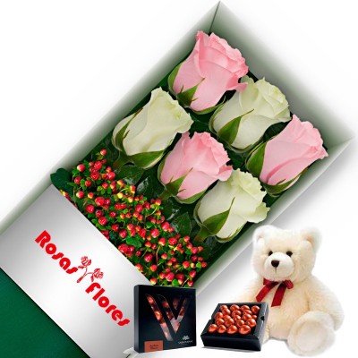 Caja de Rosas Rosadas y Blancas 6 Rosas mas Peluche y Chocolate Varsovienne