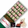 Caja de Rosas Rosadas y Blancas 24 Rosas mas Peluche y Chocolate Varsovienne