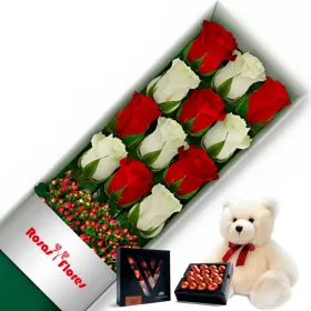 Caja de Rosas Rojas y Blancas 12 Rosas mas Peluche y Chocolate Varsovienne
