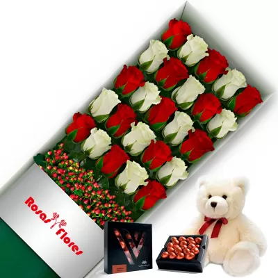 Caja de Rosas Rojas y Blancas 24 Rosas mas Peluche y Chocolate Varsovienne