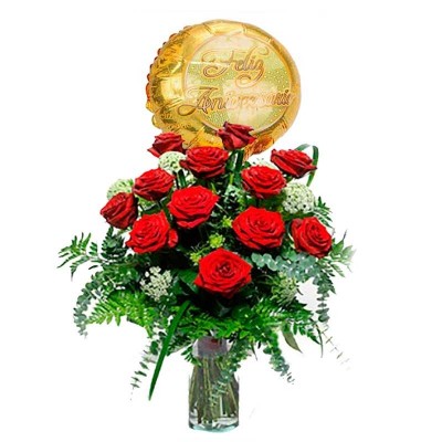 Florero de Aniversario Rosas 12 Rosas Rojas y Globo
