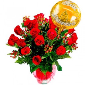 Florero de Rosas Aniversario 24 Rosas Rojas con Globo