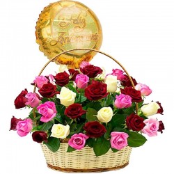 Canastillo de 40 Rosas Para aniversario Tricolor Rojas Rosadas y Blancas