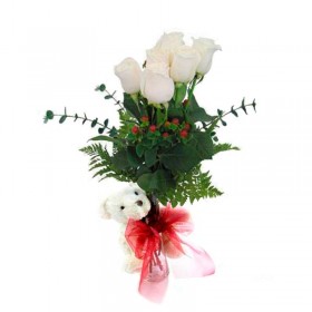 Florero con 6 Rosas Blancas y Peluche