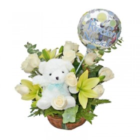 Cesta de Flores Nacimiento Peluche y Globo