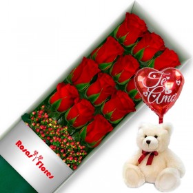 Caja de Rosas Rojas 12 Rosas + Globo y Peluche