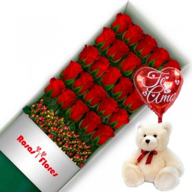 Caja de Rosas Rojas 24 Rosas + Globo y Peluche