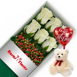 Caja de Rosas Blancas 6 Rosas + Globo y Peluche