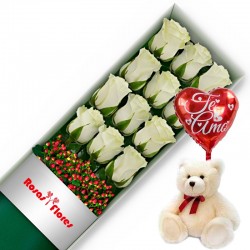 Caja de Rosas Blancas 12 Rosas + Globo y Peluche