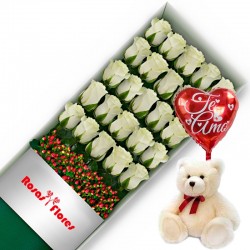 Caja de Rosas Blancas 24 Rosas + Globo y Peluche