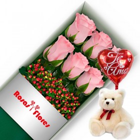 Caja de Rosas Rosadas 6 Rosas + Globo y Peluche