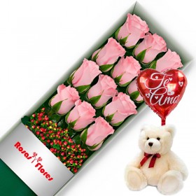 Caja de Rosas Rosadas 12 Rosas + Globo y Peluche