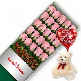 Caja de Rosas Rosadas 24 Rosas + Globo y Peluche