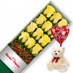 Caja de Rosas Amarillas 12 Rosas + Globo y Peluche