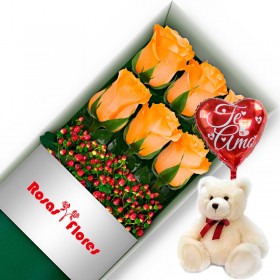 Caja de Rosas Damasco 6 Rosas + Globo y Peluche