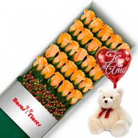 Caja de Rosas Damasco 24 Rosas + Globo y Peluche