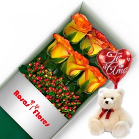 Caja de Rosas Circus 6 Rosas + Globo y Peluche