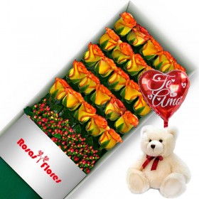 Caja de Rosas Circus 24 Rosas + Globo y Peluche