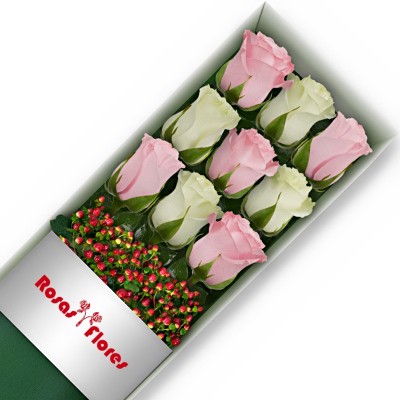 Caja de Rosas Color Mix Rosado Blanco 9 Rosas