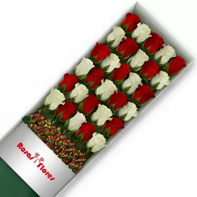 Caja de Rosas Color Mix Rojas Blancas 30 Rosas
