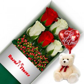 Caja de Rosas Color Mix Rojas Blancas 6 Rosas + Globo y Peluche