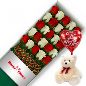 Caja de Rosas Color Mix Rojas Blancas 24 Rosas + Globo y Peluche