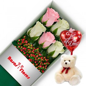 Caja de Rosas Color Mix Rosado Blanco 6 Rosas + Globo y Peluche