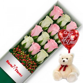 Caja de Rosas Color Mix Rosado Blanco 12 Rosas + Globo y Peluche