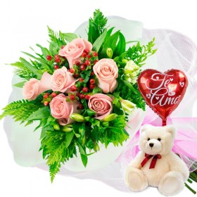 RAMO CON 6 ROSAS ROSADAS + GLOBO Y PELUCHE