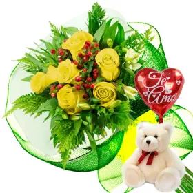 RAMO CON 6 ROSAS AMARILLAS + GLOBO Y PELUCHE