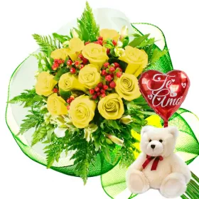 RAMO CON 12 ROSAS AMARILLAS + GLOBO Y PELUCHE