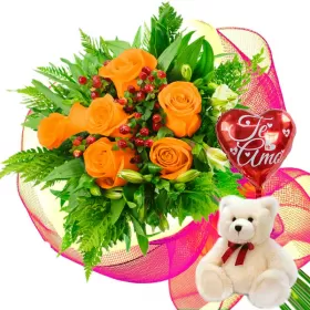 RAMO CON 6 ROSAS DAMASCO + GLOBO Y PELUCHE