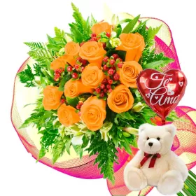 RAMO CON 12 ROSAS DAMASCO + GLOBO Y PELUCHE