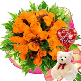RAMO CON 24 ROSAS DAMASCO + GLOBO Y PELUCHE