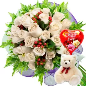 RAMO CON 24 ROSAS BLANCAS MÁS GLOBO DÍA DE LA MADRE Y PELUCHE