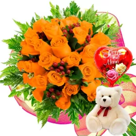 RAMO CON 24 ROSAS DAMASCO MÁS GLOBO DÍA DE LA MADRE Y PELUCHE