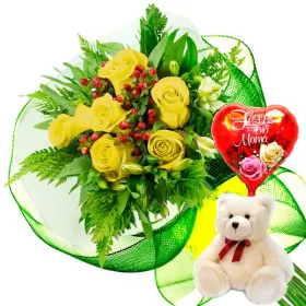 RAMO CON 6 ROSAS AMARILLAS MÁS GLOBO DÍA DE LA MADRE Y PELUCHE