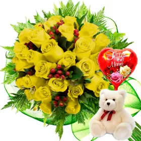 RAMO CON 24 ROSAS AMARILLAS MÁS GLOBO DÍA DE LA MADRE Y PELUCHE